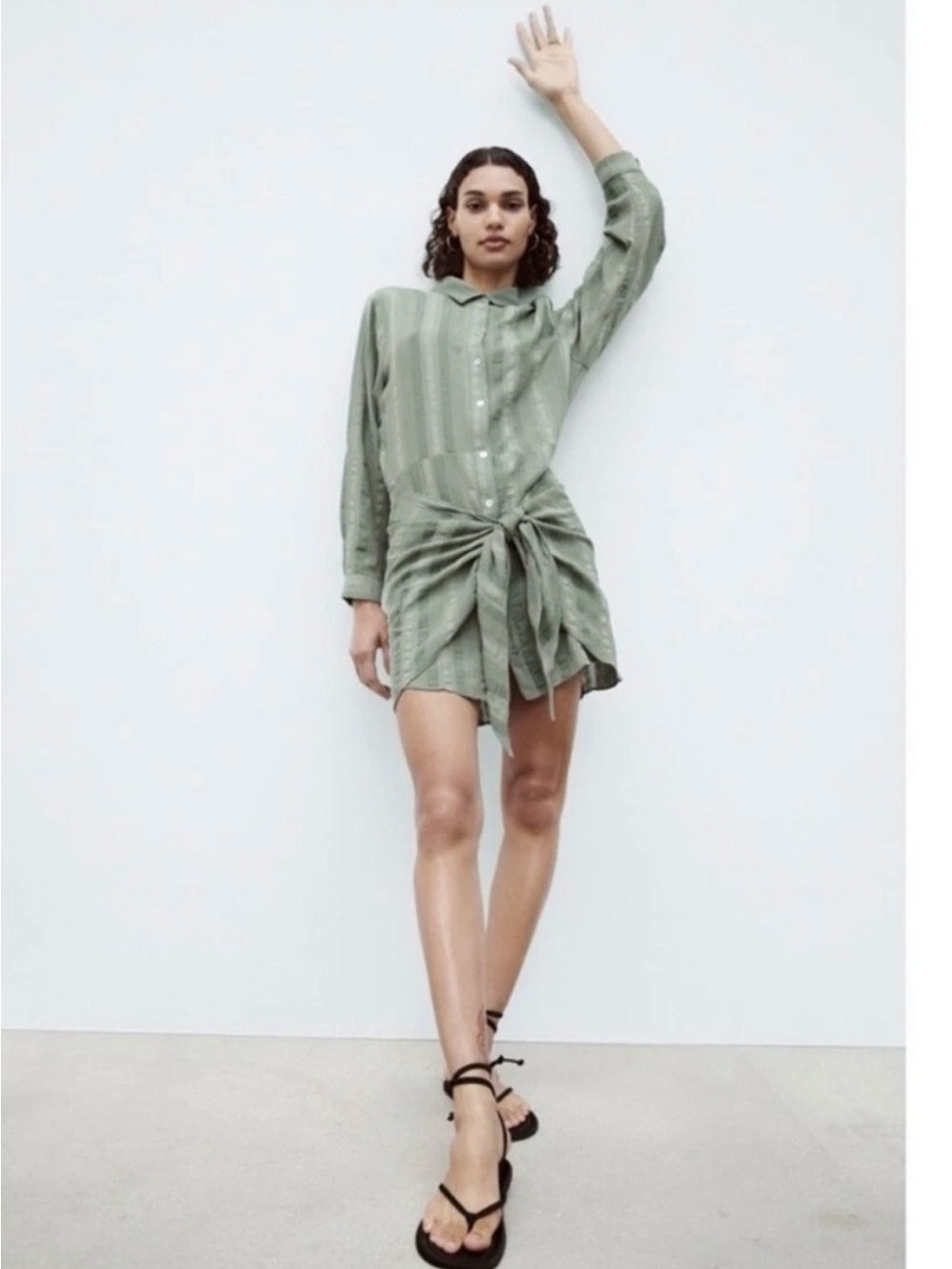 Zara Light Sage Green Button-Front Tie-Waist Shirt Dress - Picture 2 of 8